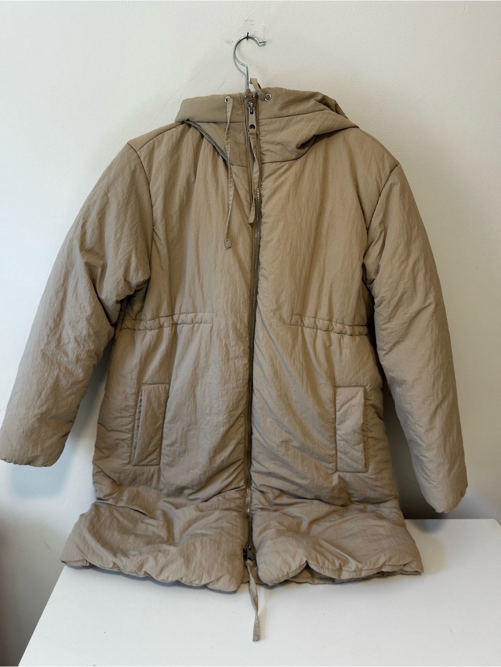H&M Maternity Long Hooded Puffer Coat in Taupe Beige